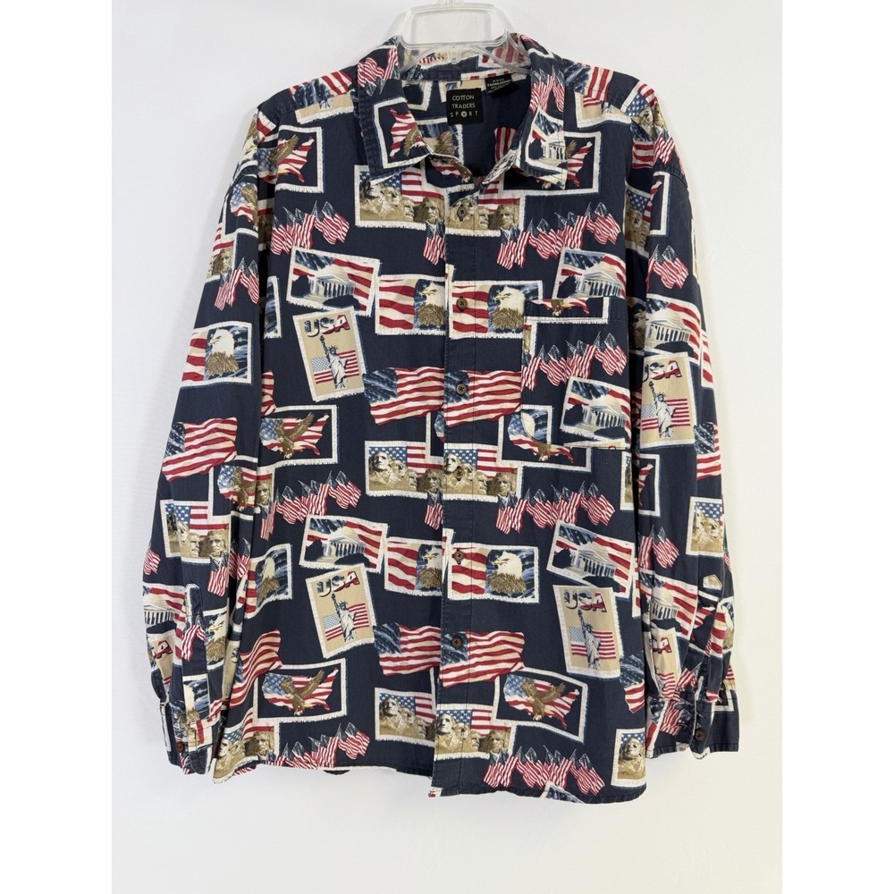 XXL Cotton Traders Sport American Flag Print Button Down‎ Shirt